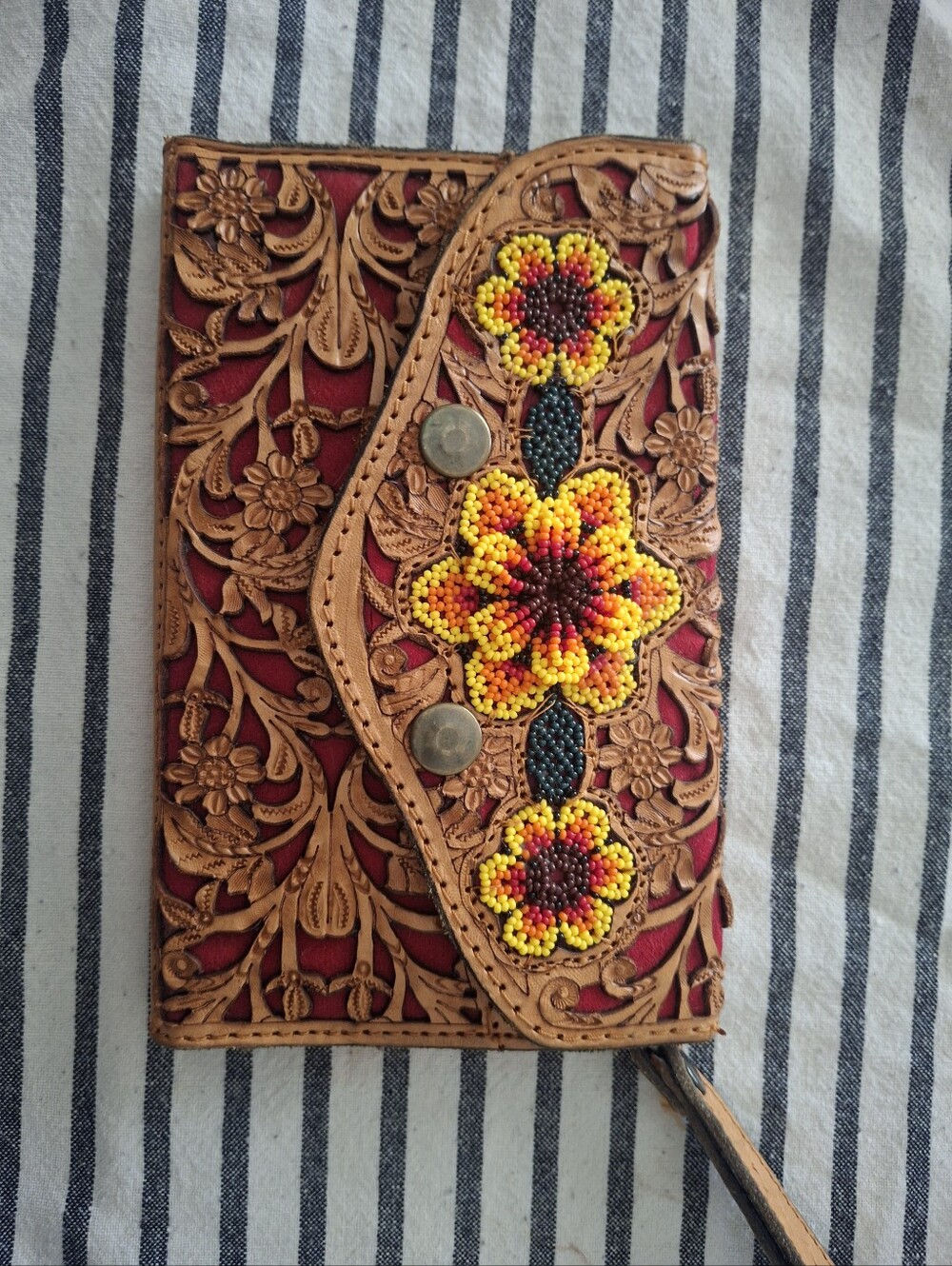 Beaded Floral Tooled Leather Wallet - Red & Tan